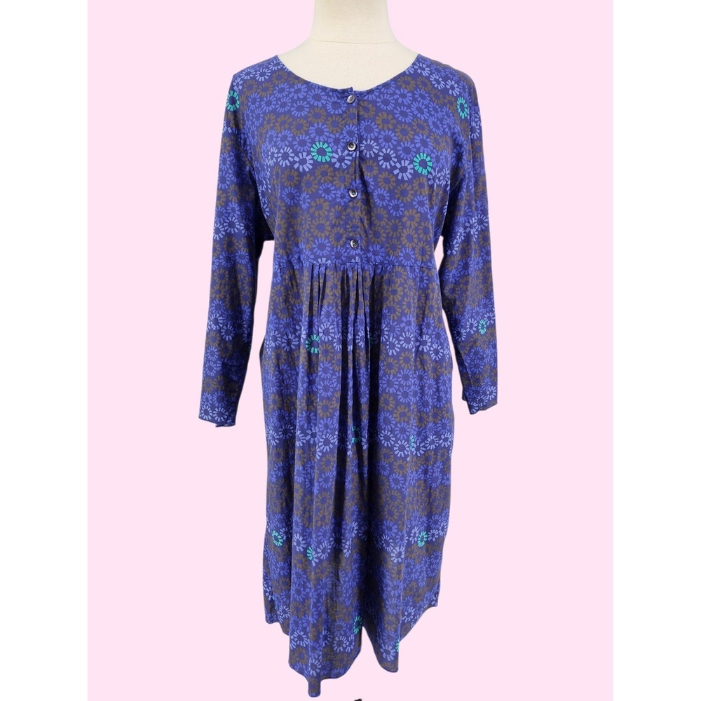Gudrun Sjoden Organic Cotton Dress Lagenlook Poplin Button Bodice Floral Large